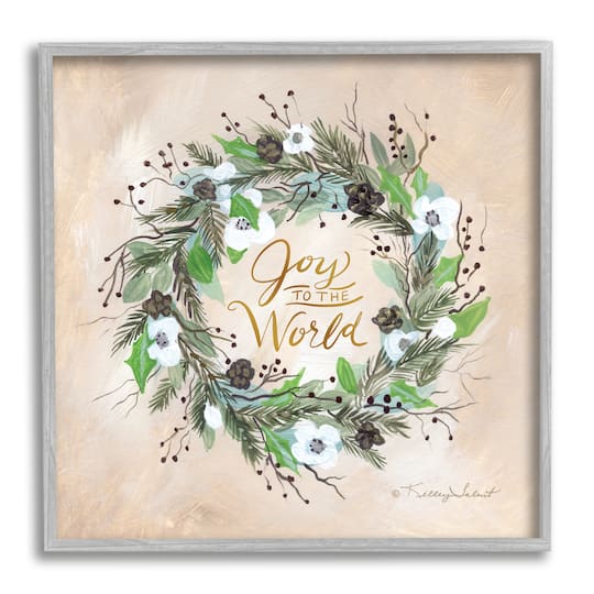 Stupell Industries Joy To The World Holiday Floral Wreath Framed Giclee Art